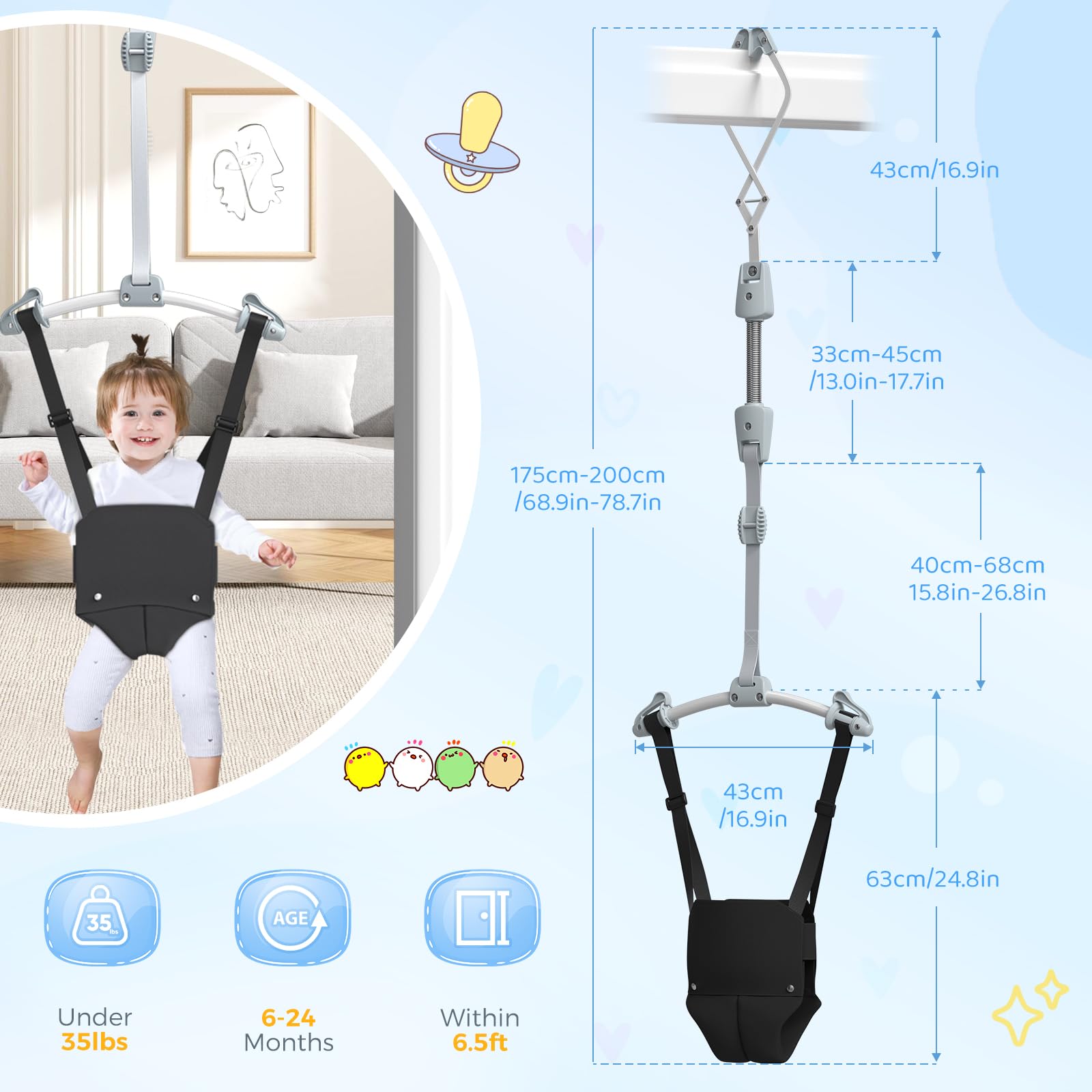 Baby-Tür-Jumper 6-18Monate (mit Türclip), elastischer Schwung Baby mit starker Feder und verstellbarer Riemen, tragbarer Türschwung für Kleinkinder mit Sicherheitsverriegelungsgur