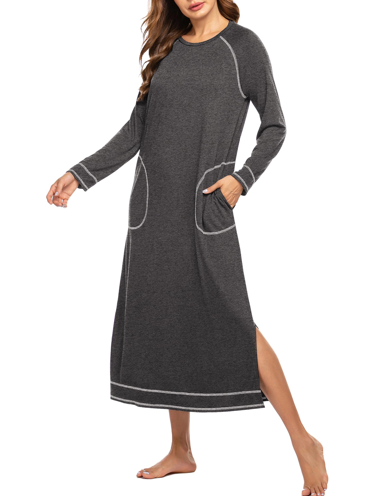 Women's Nightshirt Long Sleeve Nightgown Round Neck Sleepwear Full Length Pajama Dress with Pockets Loungewear S-XXL