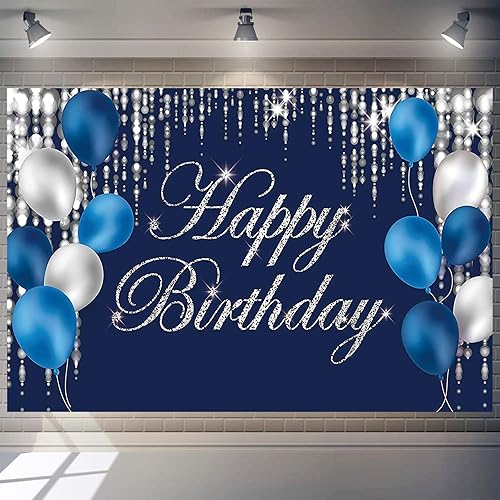 Telón de fondo de feliz cumpleaños, azul marino y plateado, letrero de feliz cumpleaños, pancarta de feliz cumpleaños, fondo de estudio fotográfico,