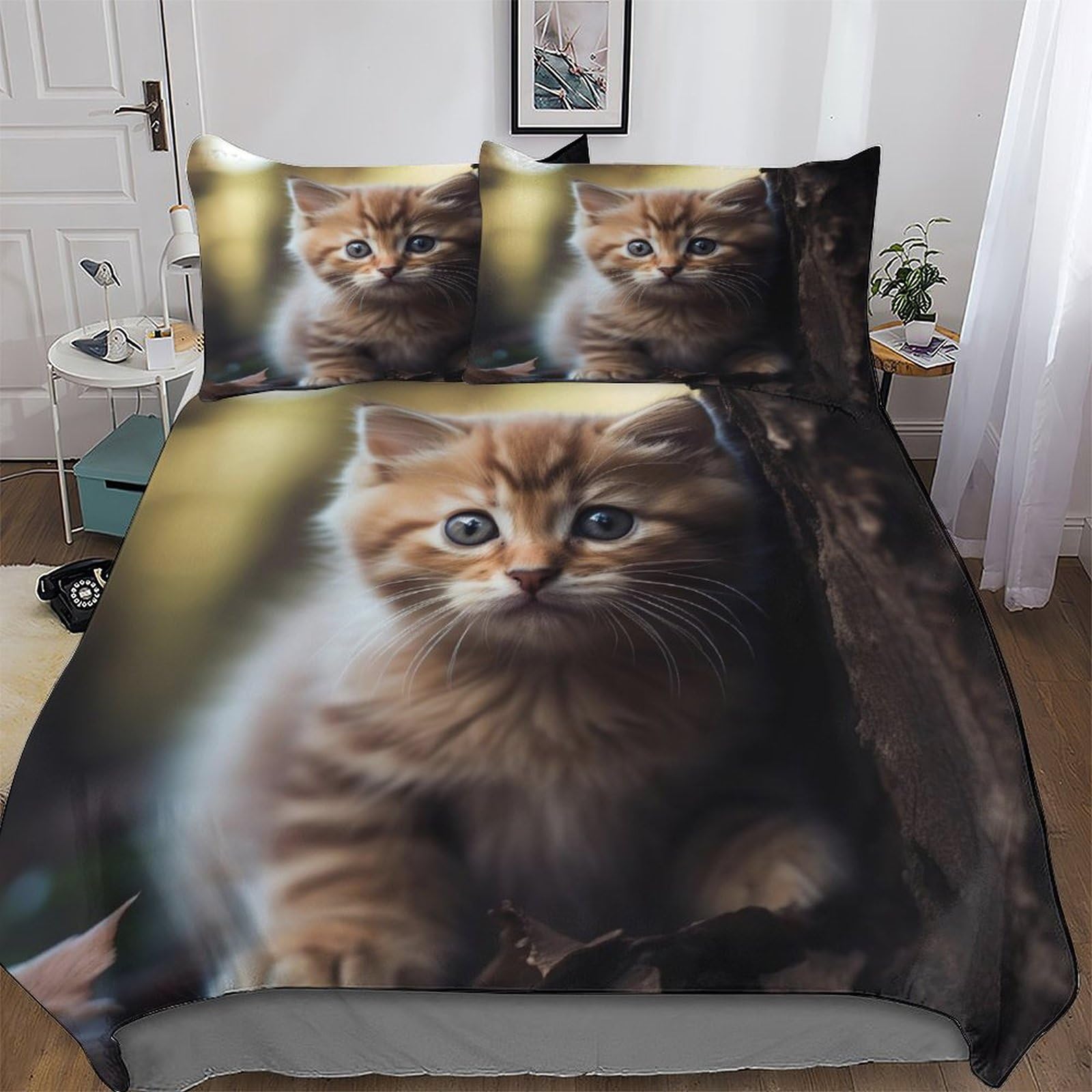 Housse de couette chat 220x240cm parure de lit microfibre 3 pièces king