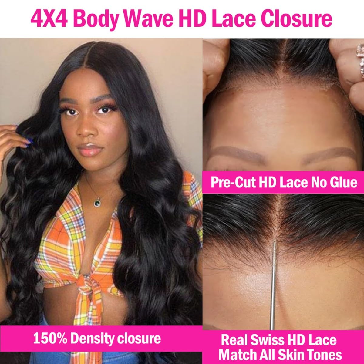 Sexycat Body Wave 4x4 Lace Closure Human Hair 10 Inch Natural Hairline Ear to Ear Lace Closure Pre Plucked with Baby Hair Natural Color - Image 3