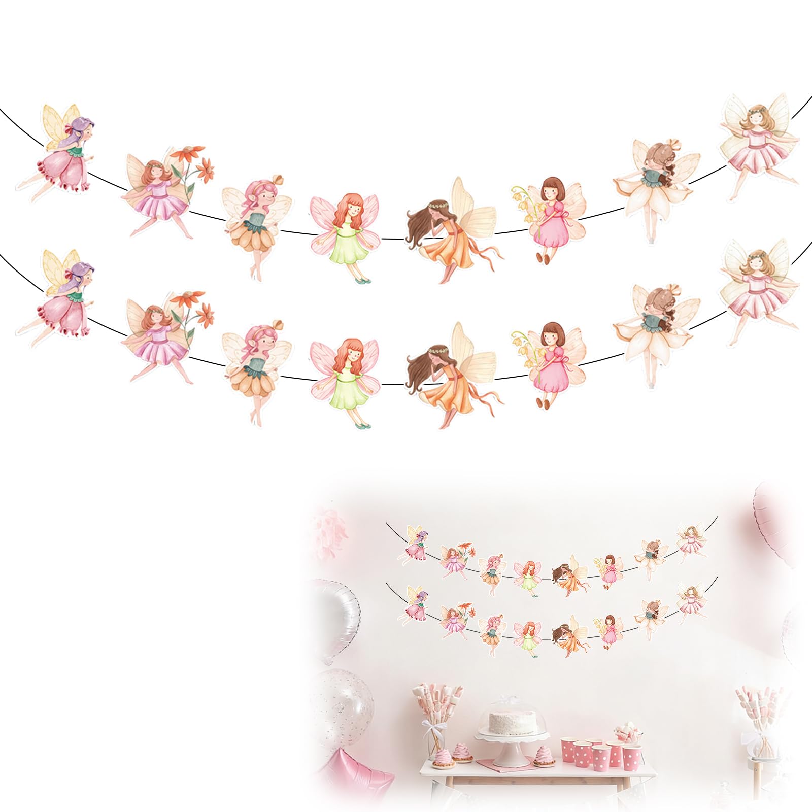 Fairy Birthday Decorations – 2 Pack Enchanted Party Banner Set with Magical Cutouts – Watercolor Flower Fairy Hanging Decorations for Girls First Birthday Party Supplies – Wonderland Baby Shower Decor