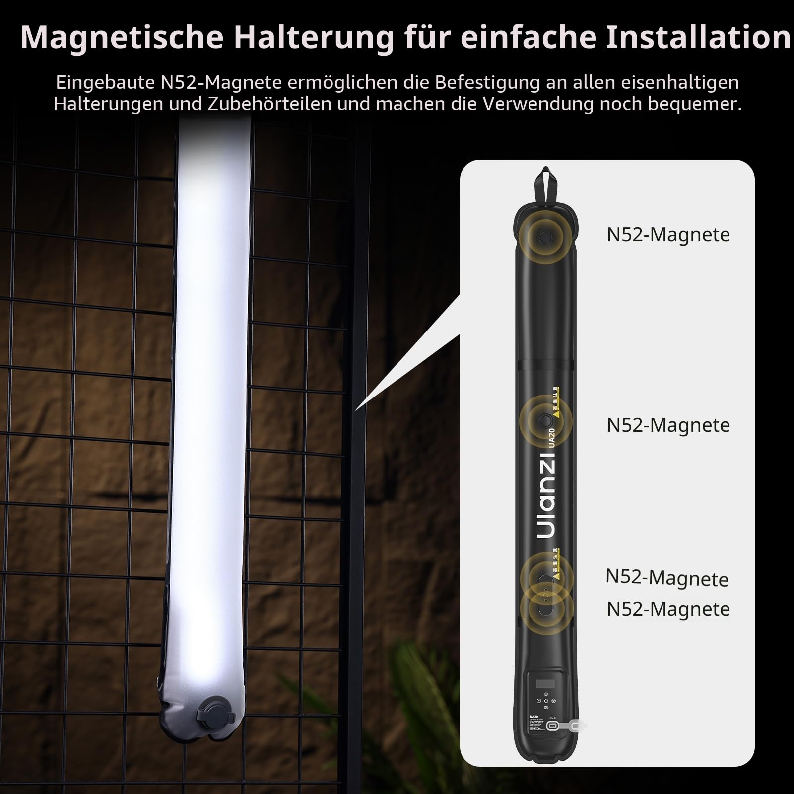 ULANZI UA20 Luftschlauchleuchte, 20W Bi-Color tragbare LED Tube Light, Magnetische Videoleuchte Dimmbare 2700-6500K mit CRI95+, Aufblasbare Fotobeleuchtung für professionelle Videos & Fotografie