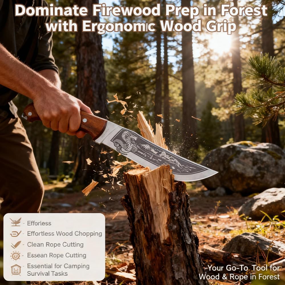 Coltello Outdoor 27cm – Lama Dritta Larga con Incisione Nera Cobra Montagna, Guardia Integrata, Impugnatura Ergonomica Legno di Hêtre Caldo con Fingerkerbe, Compagno Robusto per Attività Outdoor