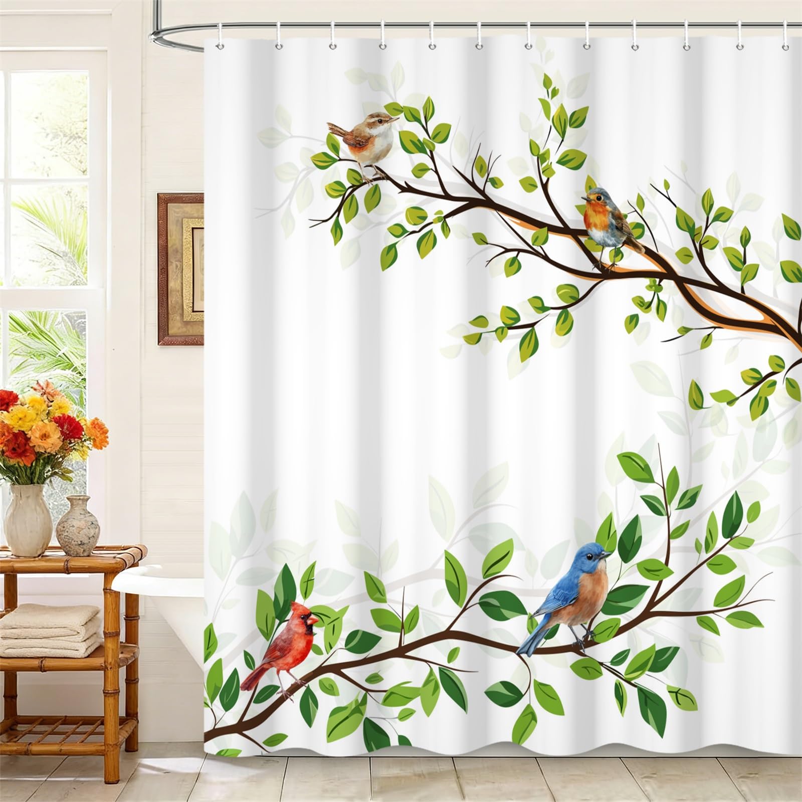 Kzzfqxb 105x160cm Shower Curtains with Hooks, White Background Stretched Tree Branches with Green Leaves and Birds Occluded Waterproof for Bathtub, Polyester Fabric Bath Bathroom Natural Decor