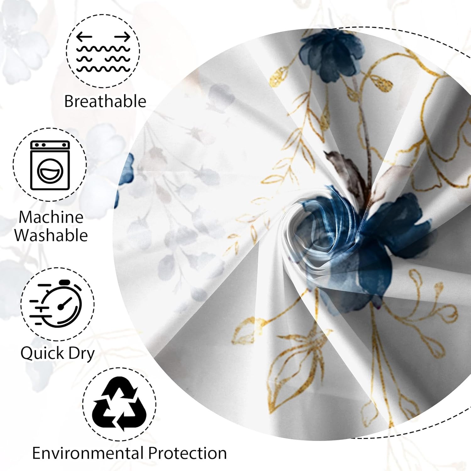 Renaiss 72x96 Inches Navy Blue Floral Shower Curtain for Bathroom Watercolor Abstract Eucalyptus Gold Leaves Flowers Plant Aesthetic Shower Curtains Set Waterproof Fabric Bath Curtain with Hooks