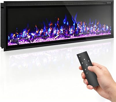 Eshoma 60" Recessed and Wall Mounted Electric Fireplace, Fireplace Heater Recessed and Wall Mounted with Heater, Adjustable 12 Flame Colors and 5 Brightness, Timer, Touch Screen,750/1500w