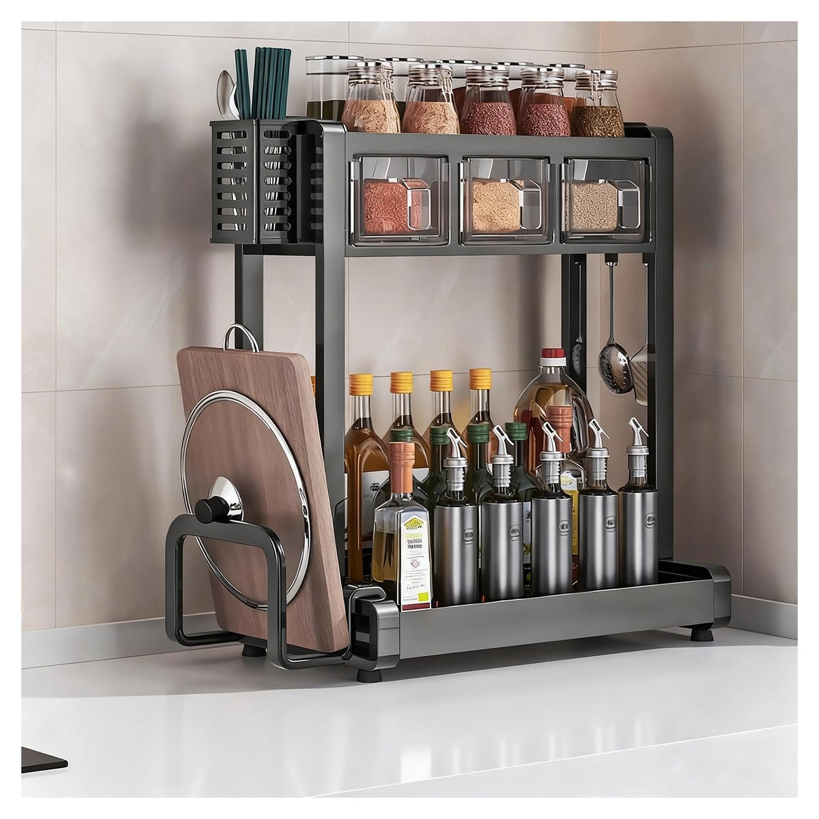 HADECOLL Metal Spice Rack For Kitchen, Organizer With Hooks And Utensil Holders, Storage For Sugar, Salt, Pepper And Oil Bottles,Black-3 Boxes