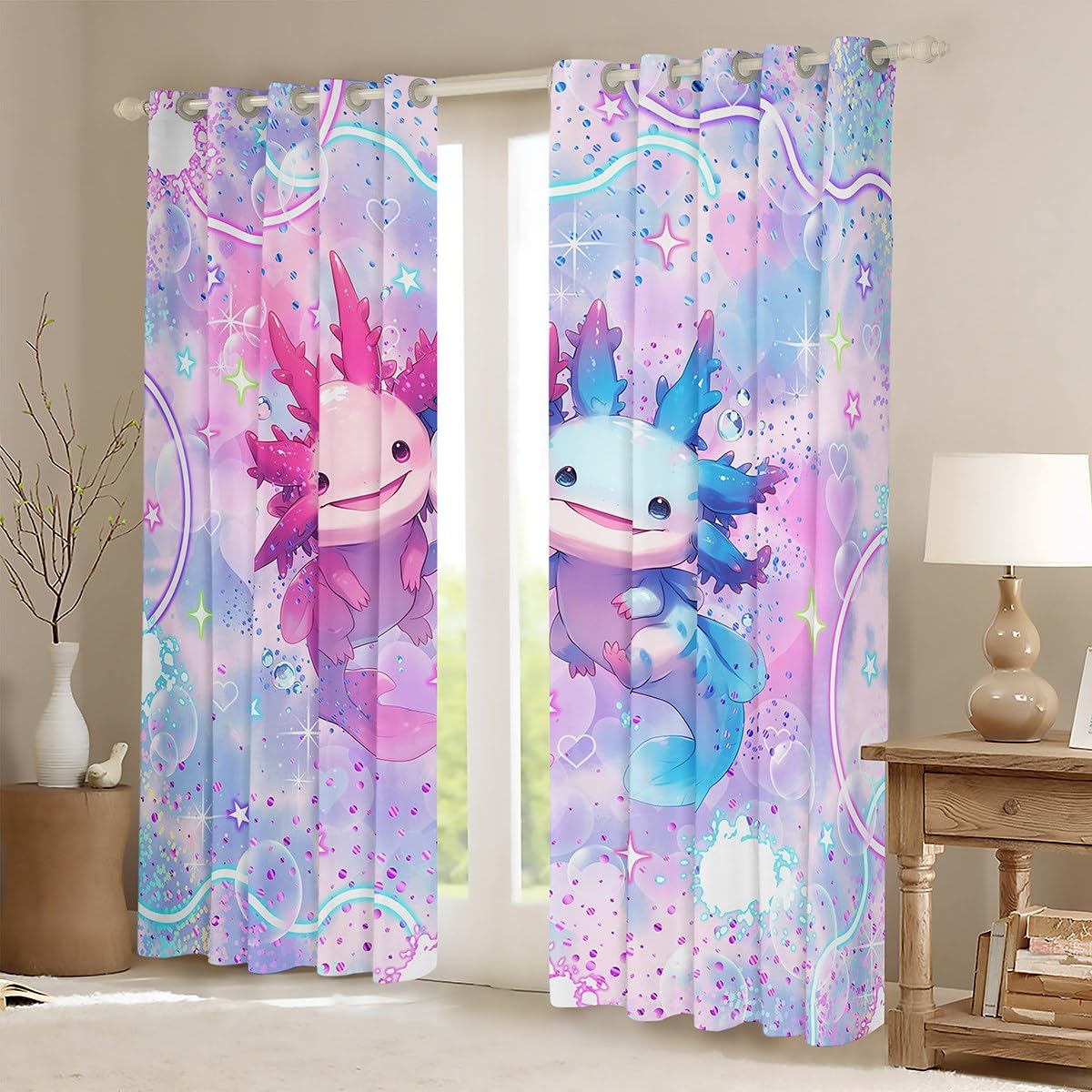 Axolotl Window Curtains,Sea Animals Curtain,Blue Pink Axolotl Window Drapes for Kids Teens Boys Young Man,Modern Bedroom Decorative,Colorful Stars Sky Curtain,38Wx45L