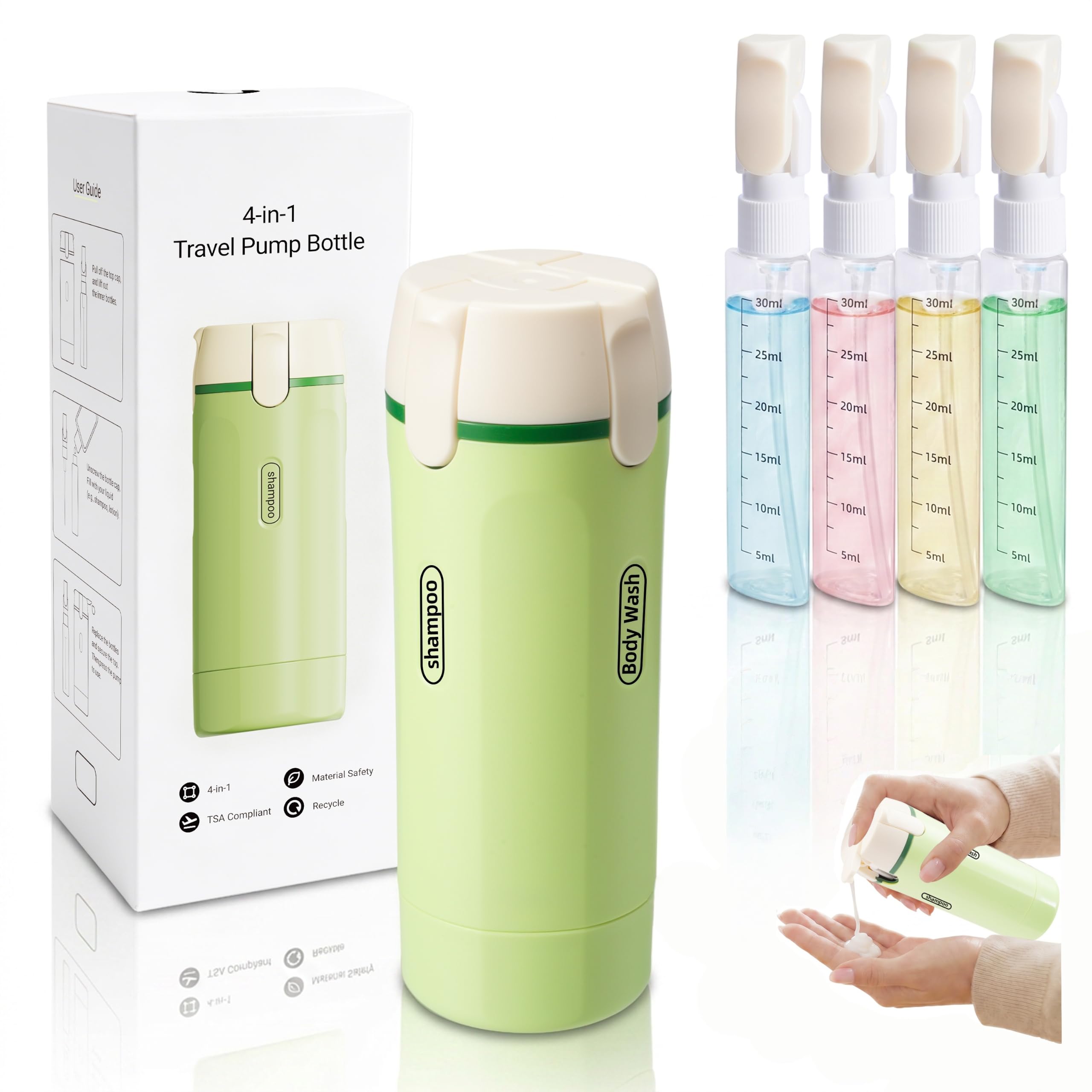 4 in 1 Travel Dispenser Bottle, Leak Proof Refillable Portable Toiletry Containers with Labels, Travel Size Bottles for Shampoo Conditioner Shower Gel, Suitable for Travel, Camping (Green)