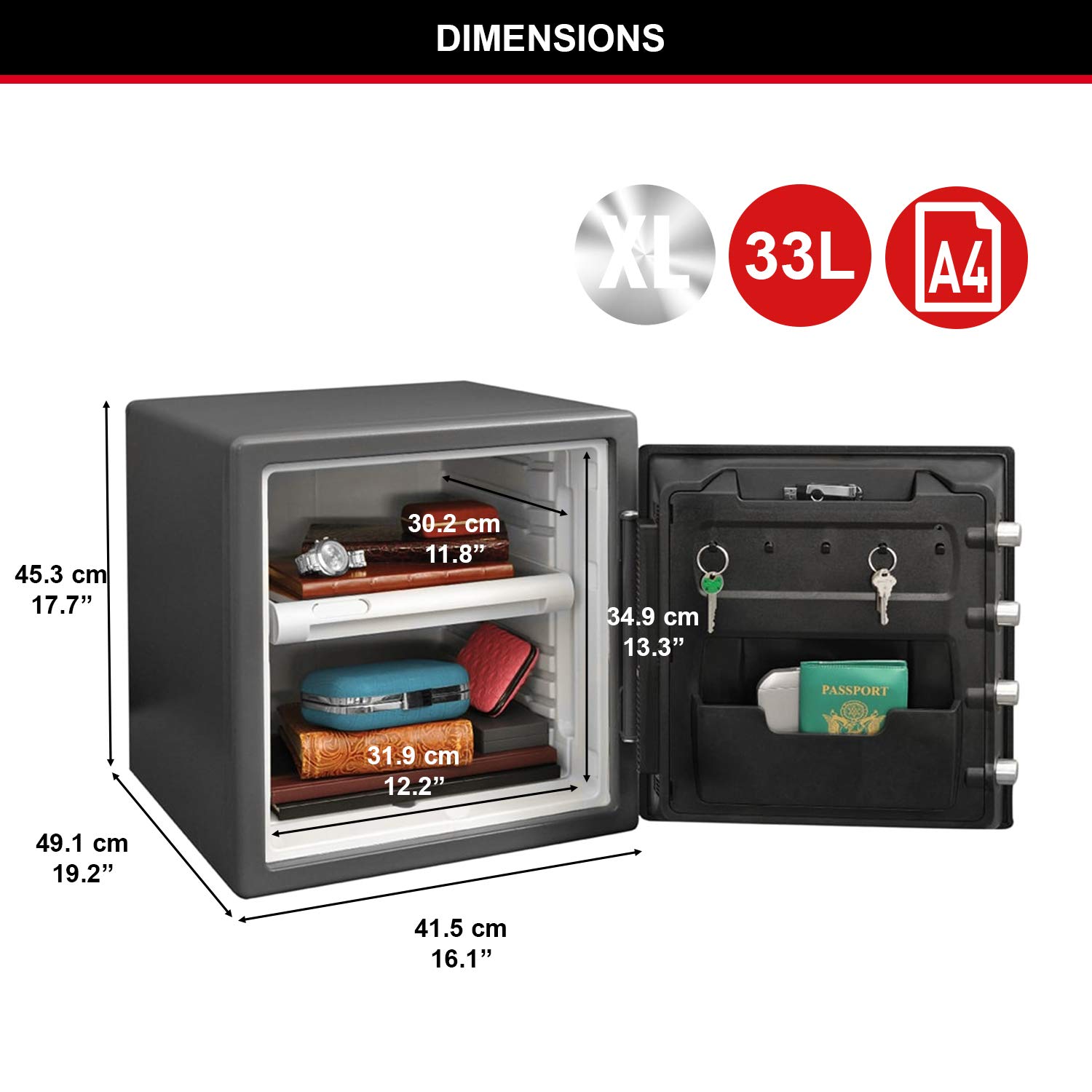 Master Lock Coffre Fort Anti Feu et Etanche à Code et à Clef, triple protection - vol, incendie et inondation, Combinaison Electrique et à Clef, 33.6L, 45.3 x 41.5 x 49.1 cm