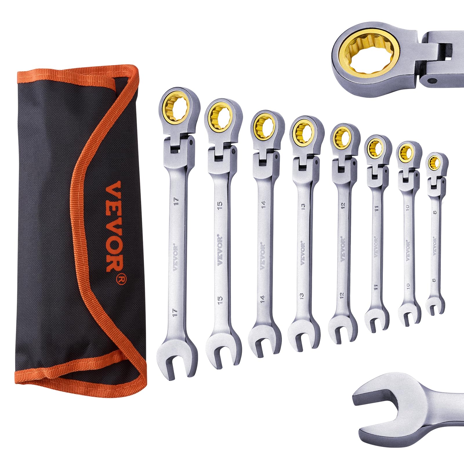 VEVOR 8 PCS Juego de Llaves de Trinquete de Cabeza Flexible, Juego de Llaves Combinadas con Bolsa Enrollable Juego de Llaves Mediano Métricas de 8-17 mm para Uso Doméstico, Reparaciones de Automóviles