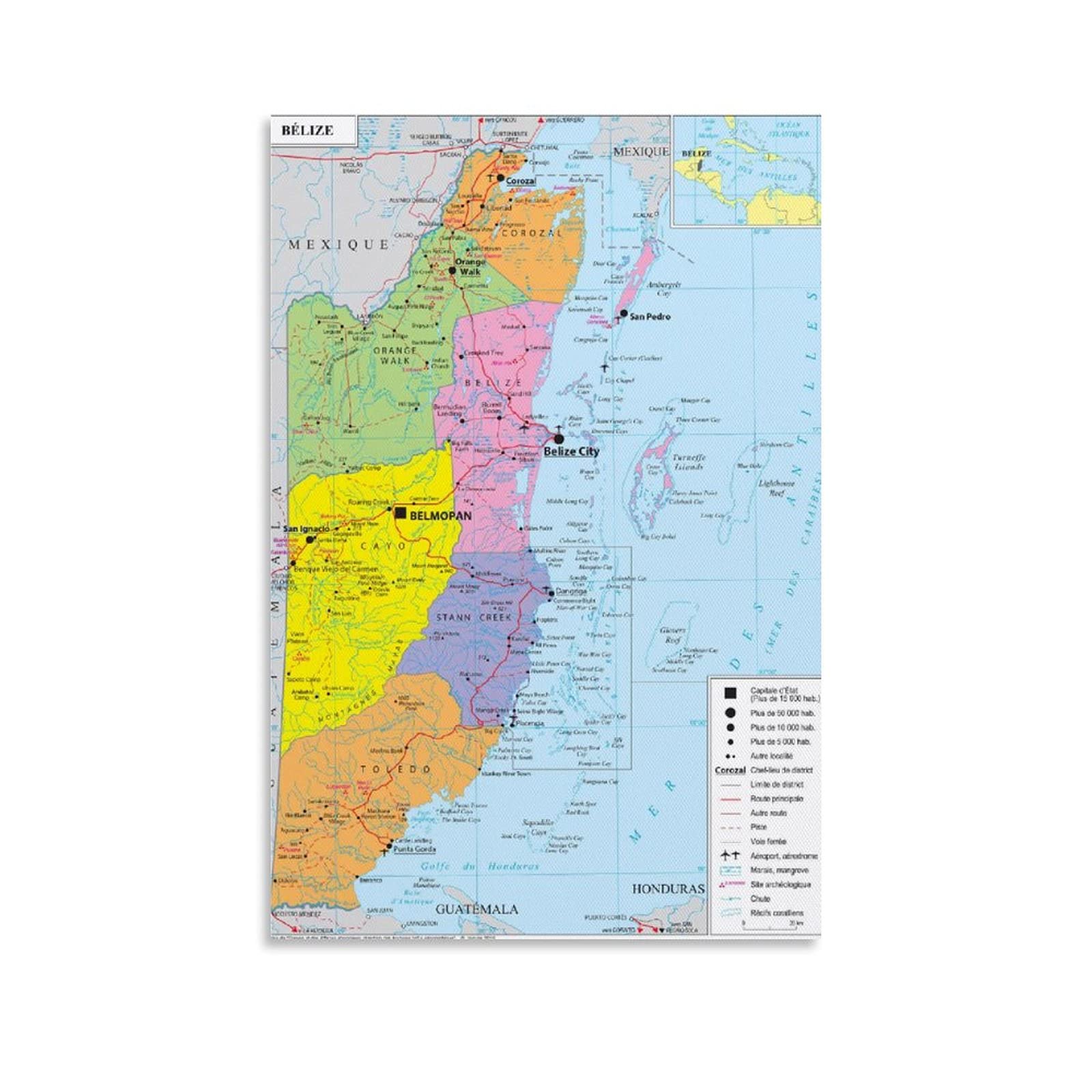Hellove Unframe-Style Geopolitical Map Of Belize Poster Decorative Painting Canvas Wall Art Living Room Posters Bedroom Painting 24X36inch(60X90cm)
