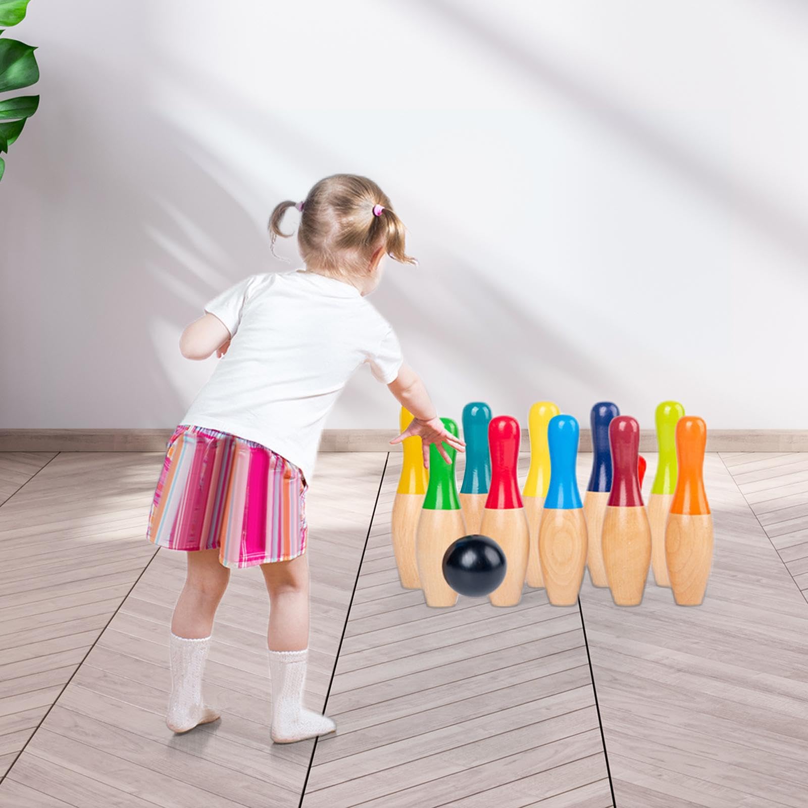 Unterhaltsames Familienspiel für Kleinkinder: Bowlingkugel Spiel für drinnen und draußen, Bowling Set mit Holzkegeln, Kugel und Spielkugel für die