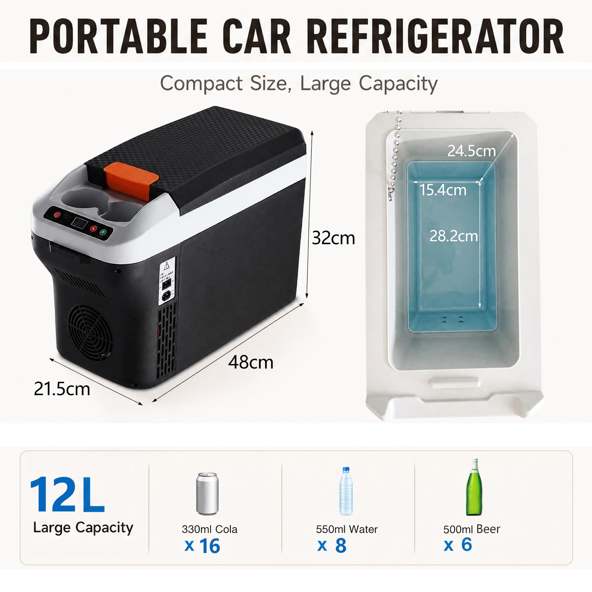 Frigorifero Portatile 12L 12V/24V, Semiconduttore con 2 Portabicchieri | 25°C Sotto Ambiente, Riscalda 65°C, Controllo Digitale, Antii-vibrazione, 2 Portabicchieri Per Esterno, Campeggio, Camper