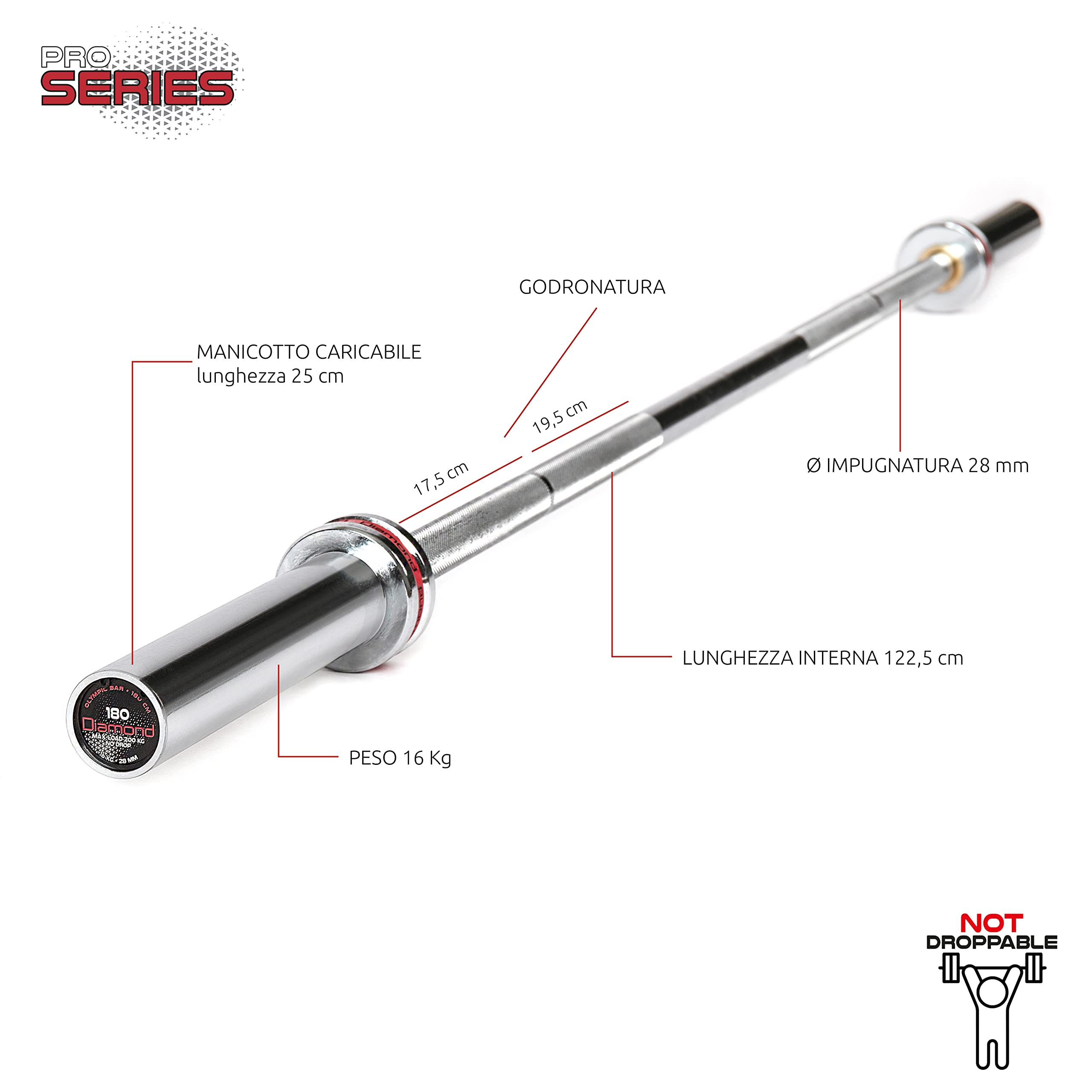 Bilanciere Olimpico 180 cm - carico max 200 Kg - molle incluse - 16 Kg Diamond