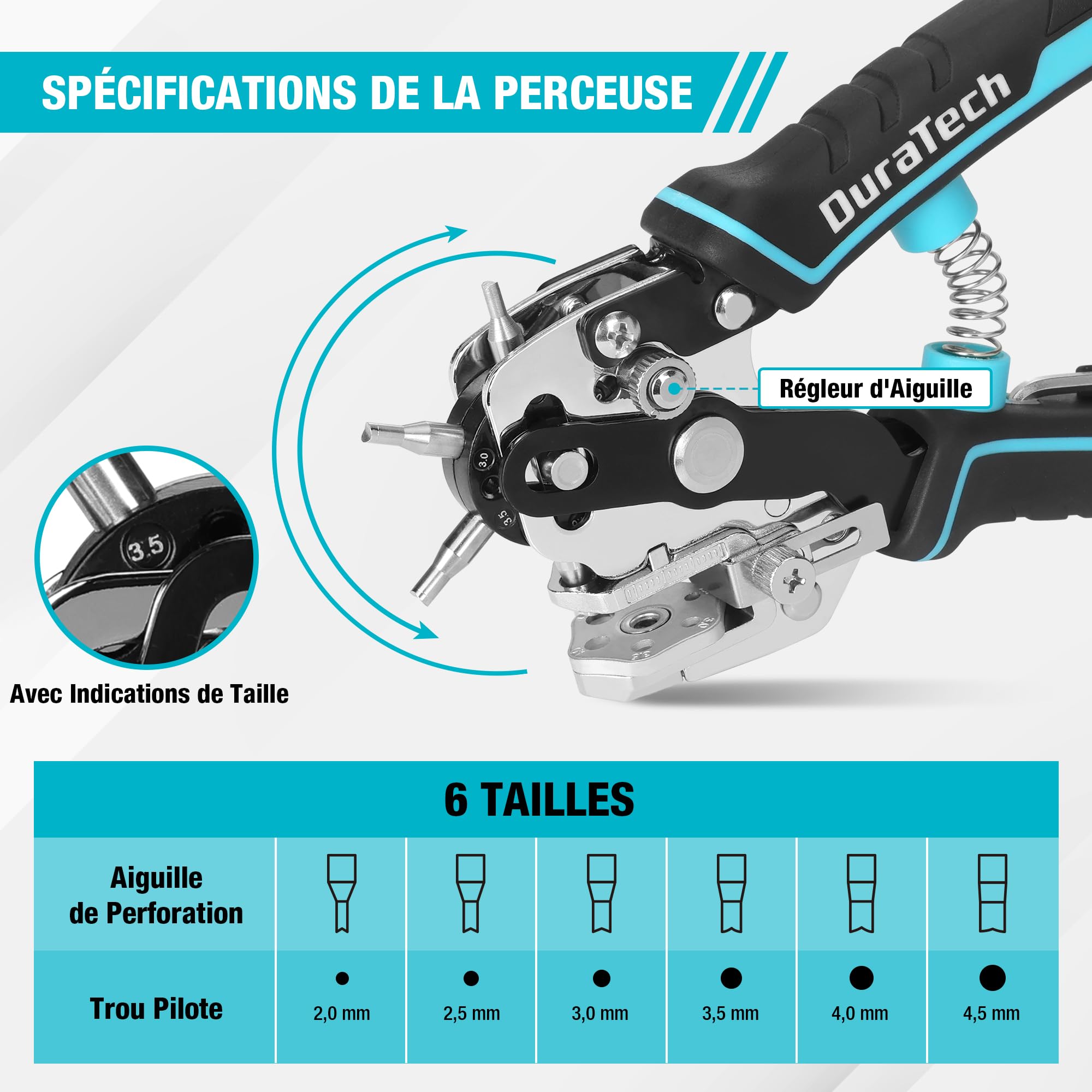 DURATECH Pince Perforatrice Rotative avec 6 Tailles de Poinçon Interchangeables, Outil de Perforation avec Règle pour Cuir, Ceinture, Tissu, Papier, Carte, Plastique, Sac