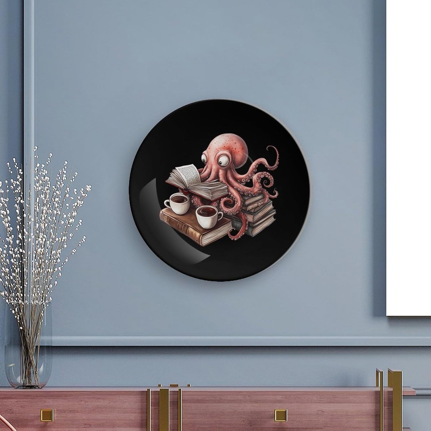 Octopus Reading Book Coffee Bone China Decorative Plate with Stand Home Dessert Plates Gift for Men Women 7inch