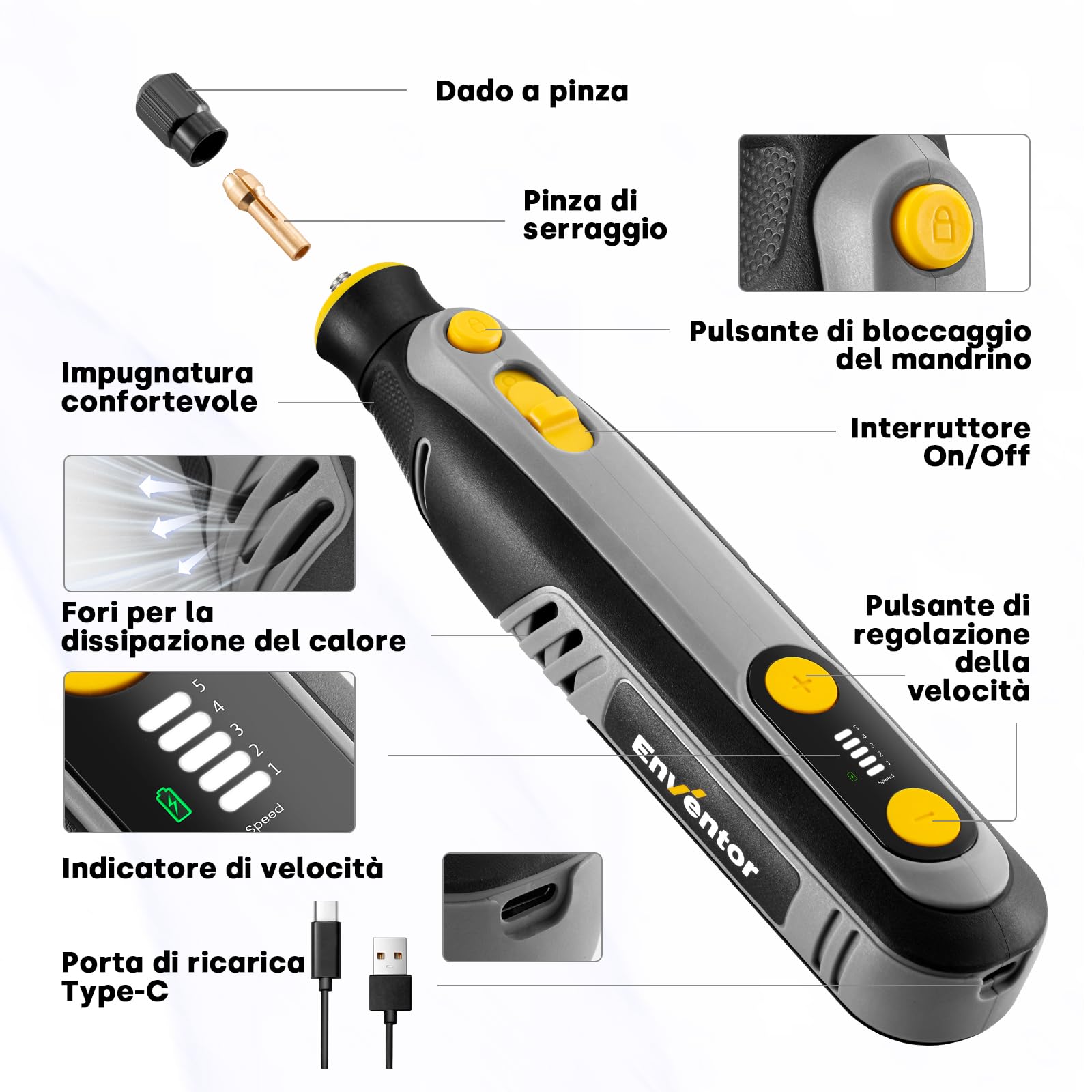 Enventor Mini Utensile Rotante Multifunzione a Batteria 8V, Mini Trapano Elettrico 124 Accessori, 5 Velocità Regolabili, 5000-30000RPM, Ricarica USB, per Incisione, Smerigliatura, Lucidatura