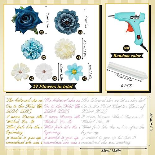 Miniatura 4 de Bonuci El kit de decoración de gorra de graduación de 39 piezas incluye 29 cabezas de flores falsas, pistola de pegamento, 6 barras de pegamento, 3