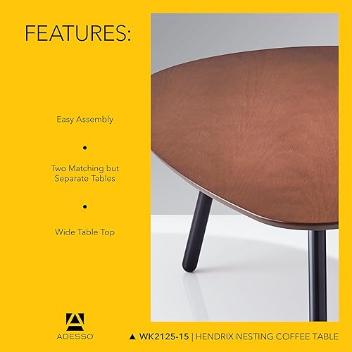 Miniatura 6 de Adesso Juego de dos mesas auxiliares anidables, chapa de roble nogal y patas de metal negro mate, mesas decorativas modernas versátiles para salas