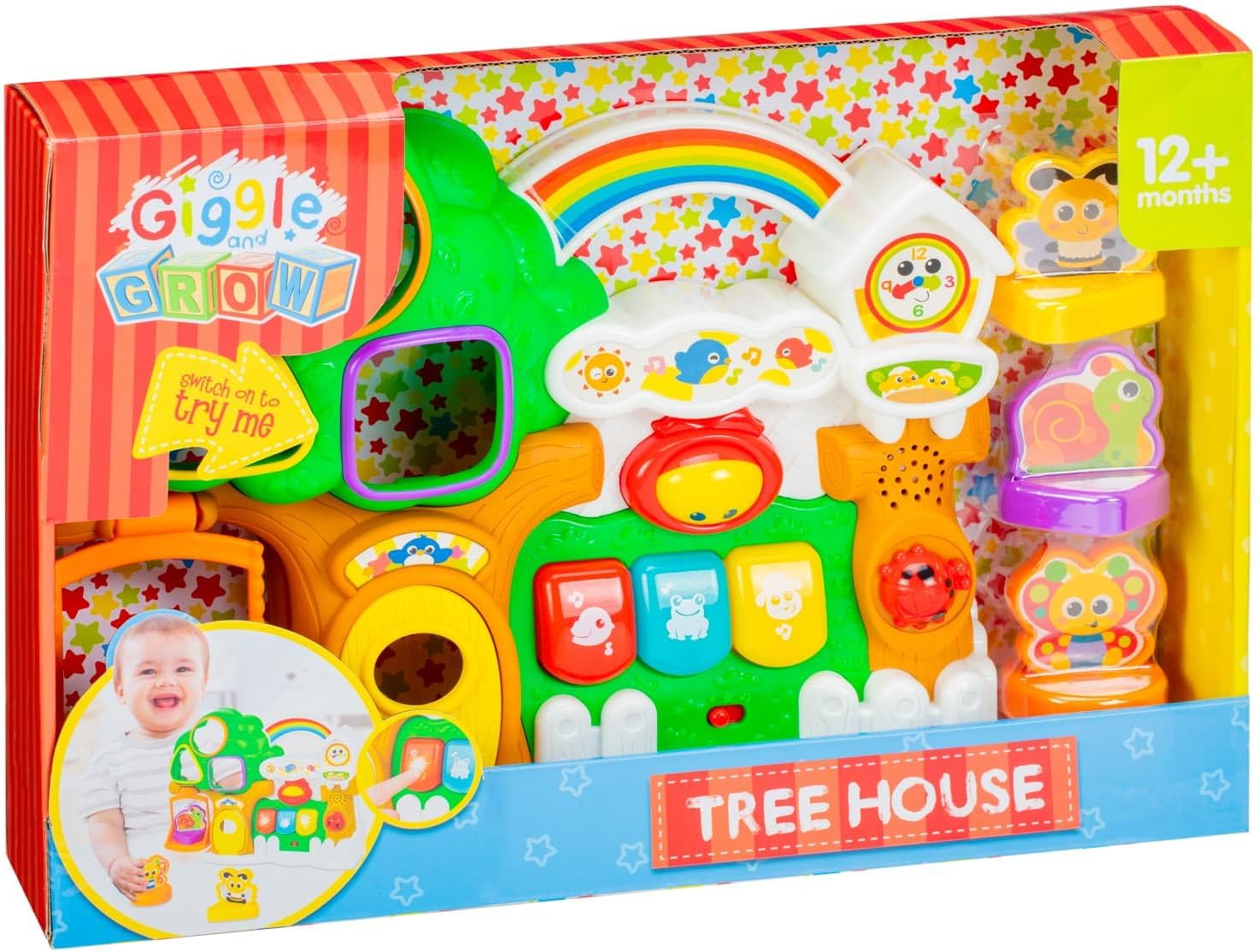 GBS Giggle & Grow Tree House Interactive Sensory Activity Center, Light Up Keys, Peek-a-Boo Roller, Music Mode, 32cm, Learning Toy for Babies