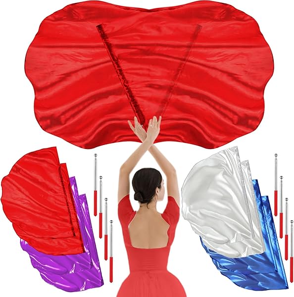 HunnmingRe 8 Set Worship Dance Flags with 8 Pcs Scalable Rod 29.5 x 39.3 Inch Praise Church Flags Semicircle Worship Angel Wing for Girls Adults Practice Performance(Silver,Purple,Blue,Red)