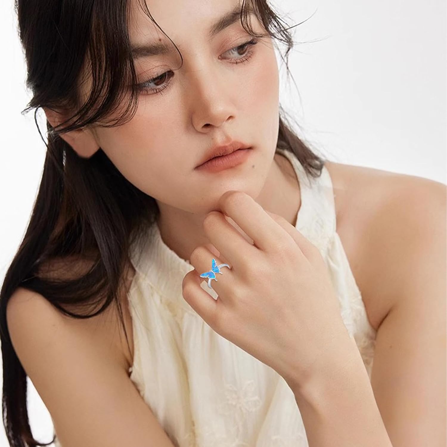 CUOKA MIRACLE Sterling Silver Opal Butterfly Open Adjustable Ring - Exquisite Cute Jewelry Rings for Women's Anniversary or Birthday Gifts