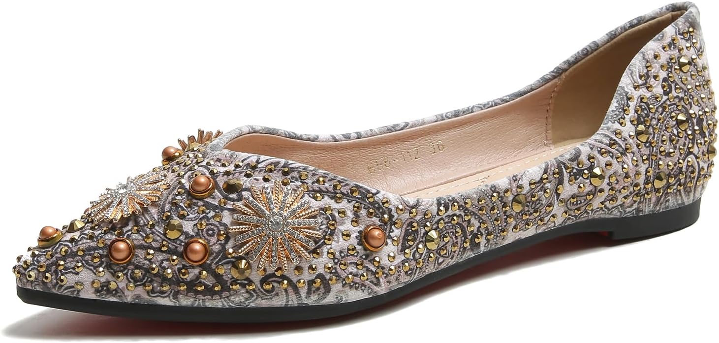 HROYL Women Elegant Ballet Flats - Rhinestone Detail