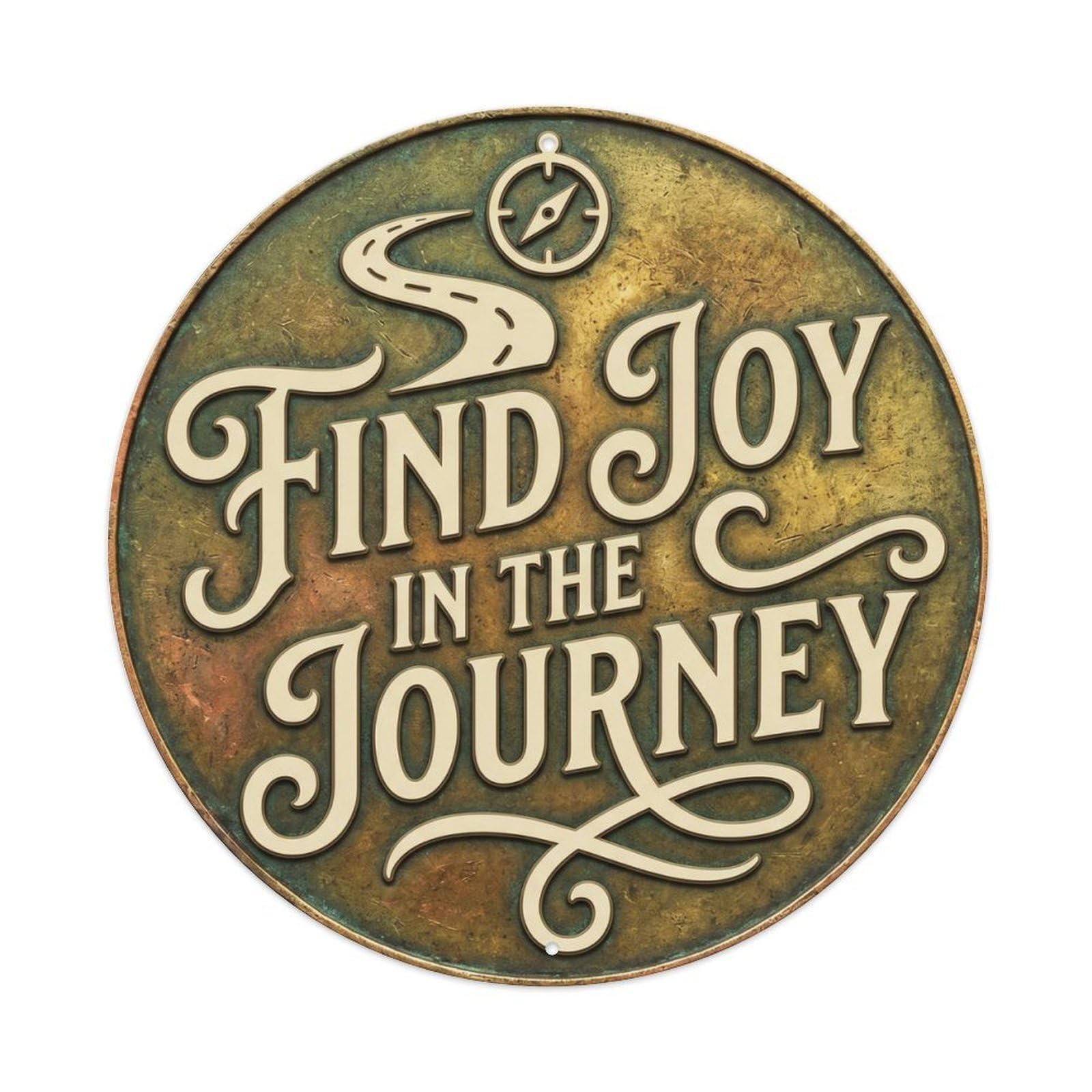 Find Joy in Journey Nostalgic Hanging Accessory Retro Slogans Metal Tin Sign Plaque Wall Decor for Cafe, Club Bar, Office, Home Garden Round Metal Poster 8x8Inch