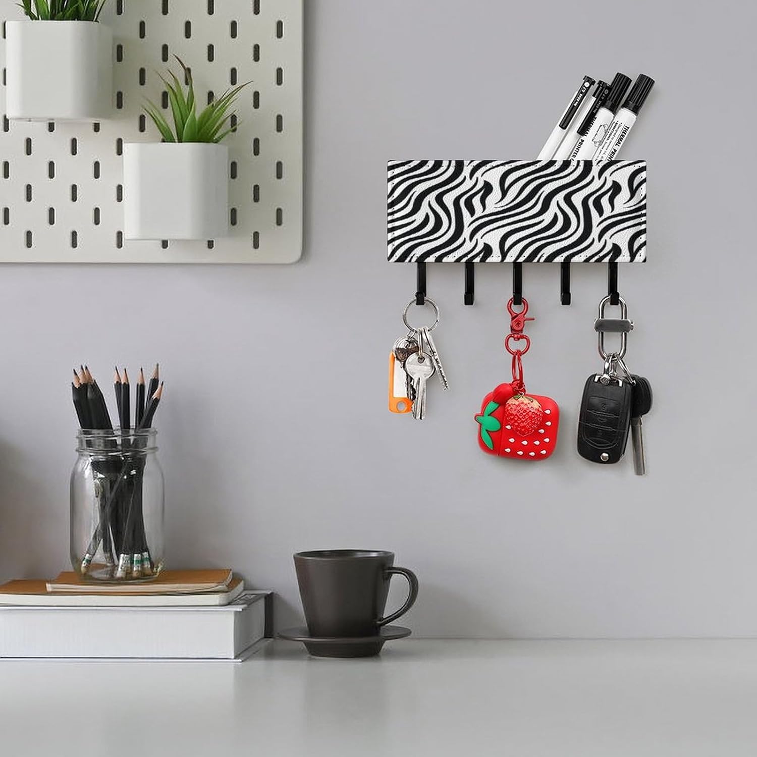 Key Holder Wall Mount Key Hanger with 5 Hooks, Decorative Key Rack | Zebra Print Hanging Key Hooks with Mail Organizer for Wall Living Room Kitchen Bathroom Hallway