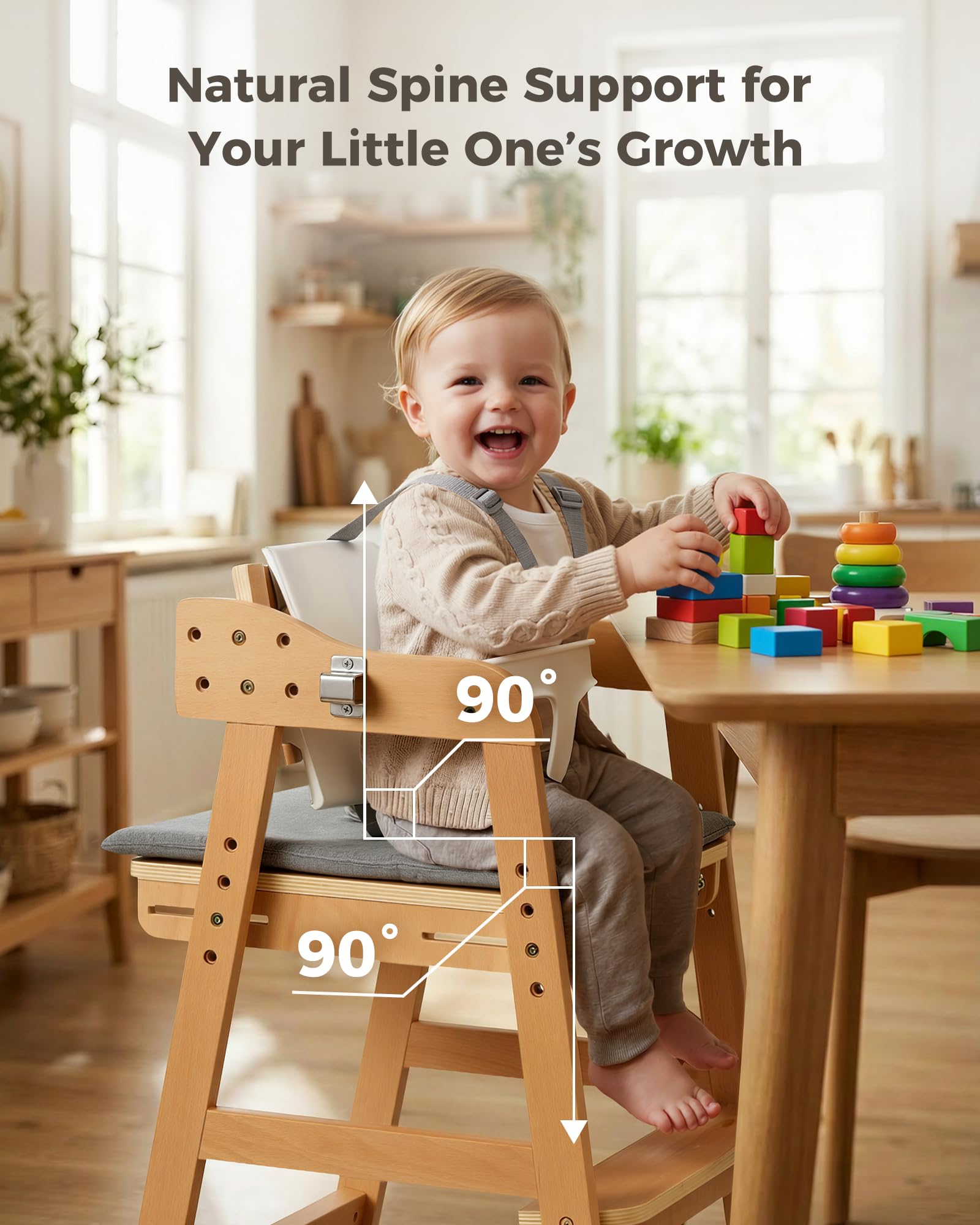 ONTHEWEI Wooden Baby High Chair for Babies, Toddler & Adult Up to 330Lbs, Anti-Tip Adjustable High Chair with Detachable Tray, Baby Sets, Soft Cushion, Ergonomic & Easy Clean