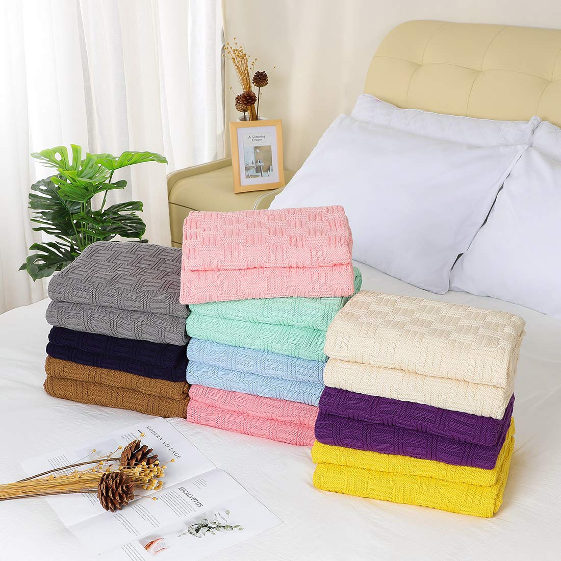 Sourcing Map Manta de punto trenzado 100% algodón, manta suave y ligera, manta de sofá texturizada, funda de sofá, mantas de punto decorativas, morado, 47 x 70 pulgadas
