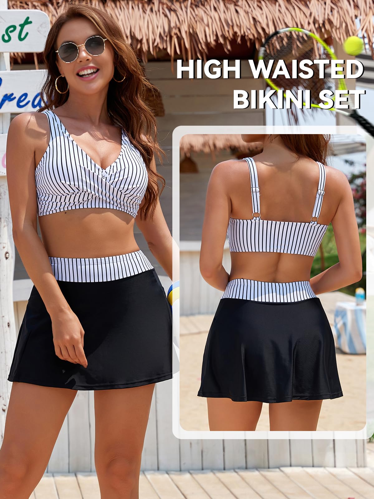 SHEKINI Femme Maillots de Bain Deux Pièces Push-up Ensembles Chic Taille Haute Bikini Set Col V Élégant Tankinis Jupe Courte avec Poches