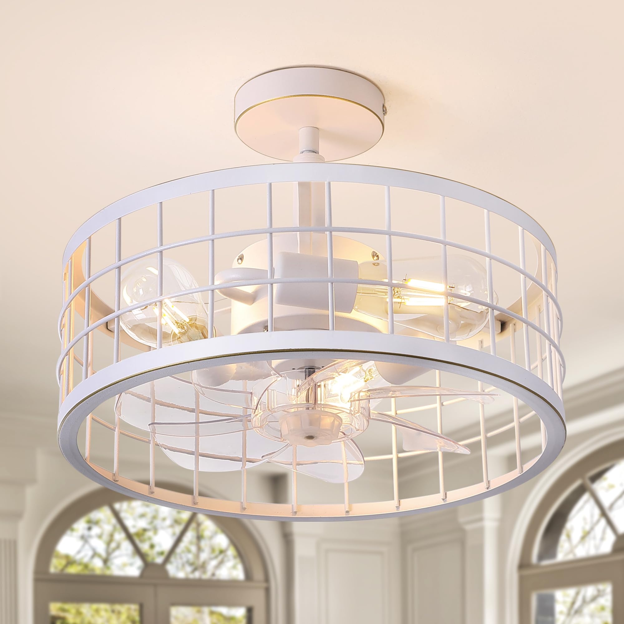 15 inch Caged Ceiling Fans With Light and remote, White Farmhouse Industrial Ceiling Fan, 2 Adjustable Height Rod,6 speed and Reversible, fit for Slope Ceiling 45 degree, Living Room Bedroom