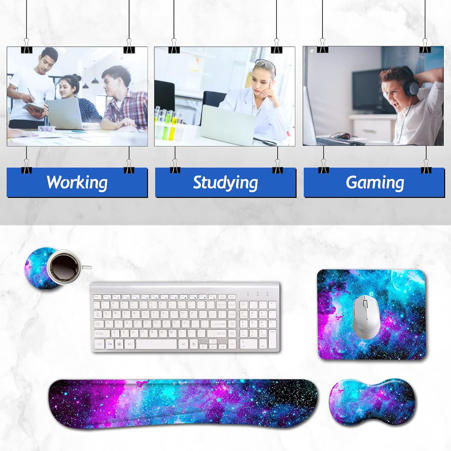 AIMSA Keyboard Wrist Rest Support + Mouse Pad + Mouse Wrist Rest + Coaster, Ergonomic Memory Foam Anti-Slip Rubber Base 4 PCS Set Easy Typing Pain Relief, Galaxy Nebula Universe - Image 5