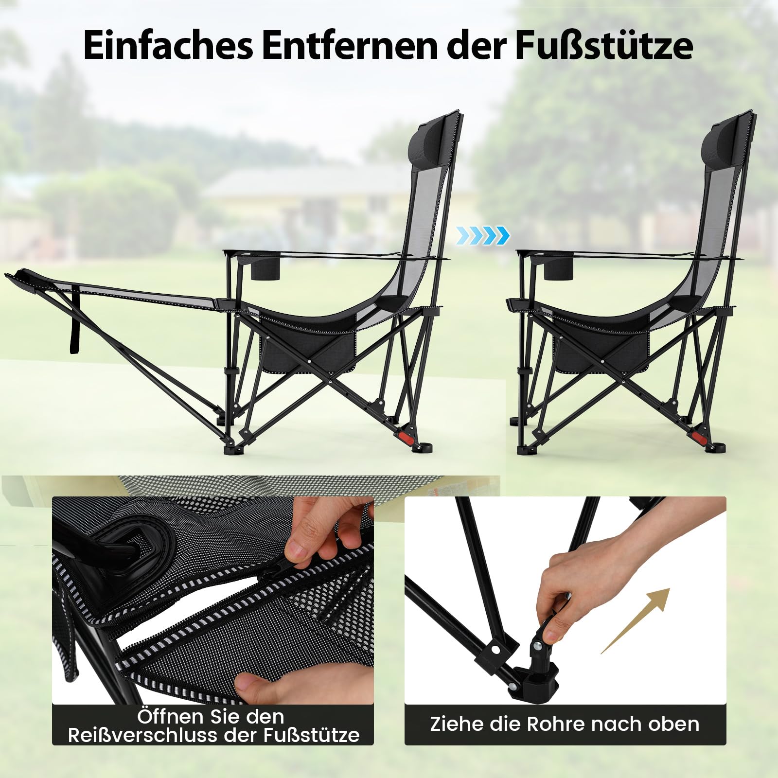 COSTWAY Campingstuhl mit Abnehmbarer Fußablage, klappbarer Angelstuhl mit Verstellbarer Rückenlehne, Kopfstütze, Getränkehalter & Seitentasche, Klappstuhl, Faltstuhl für Camping, Angeln (Grau)
