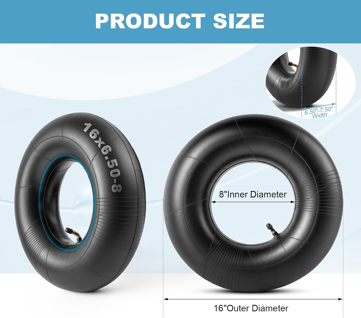 Heavy Duty 16x6.50-8 Inner Tubes with TR-87 Bent Valve Stem, Premium Replacement 16x6.50-8/16x7.50-8. Lawn Garden Trailer, Golf Carts, Wheelbarrows and More Pack of 2