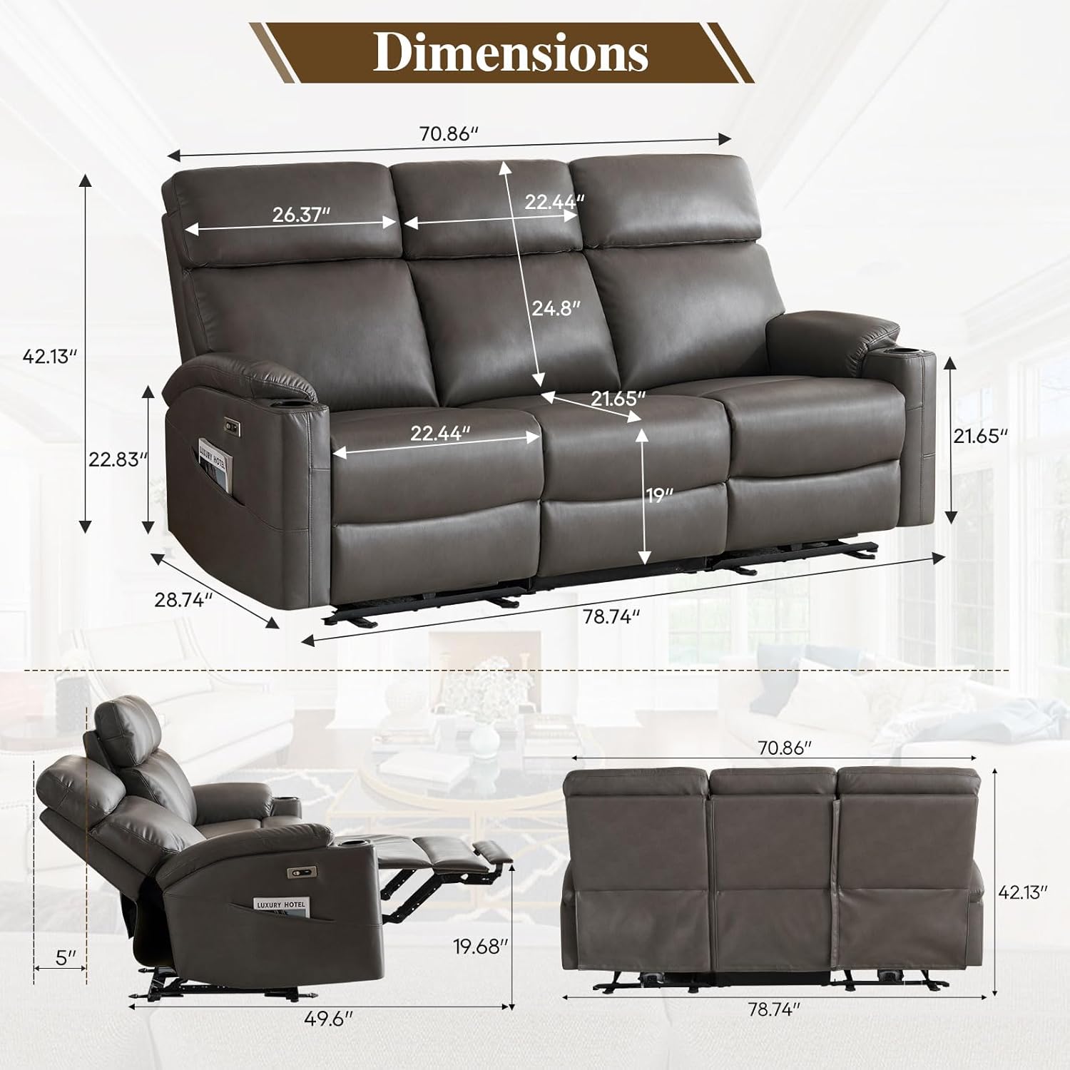 Power Reclining Sofa, Electric 3-Seat Dual Recliner Couch with USB Ports, Cup Holders, Wall Hugger Sofa & Couch for Living Room Home Theater Apartment RV (Grey) | Drop-Down Table, Side Pocket, Extended Footrest, Breathable Material