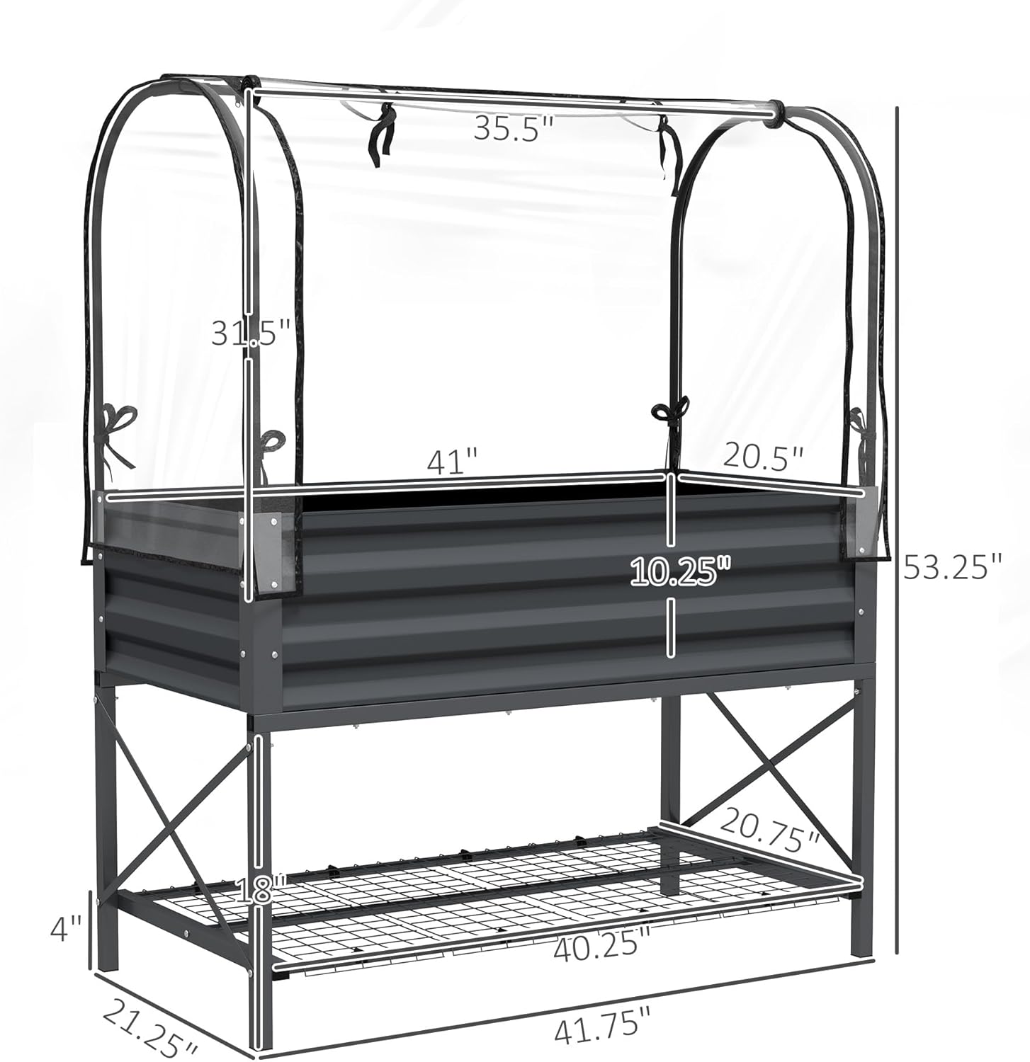 Outsunny Raised Garden Bed with Cover and Storage Shelf, Rectangular Metal Elevated Planter Box with Legs and Bed Liner for Vegetables, Flowers, Herbs, Dark Gray