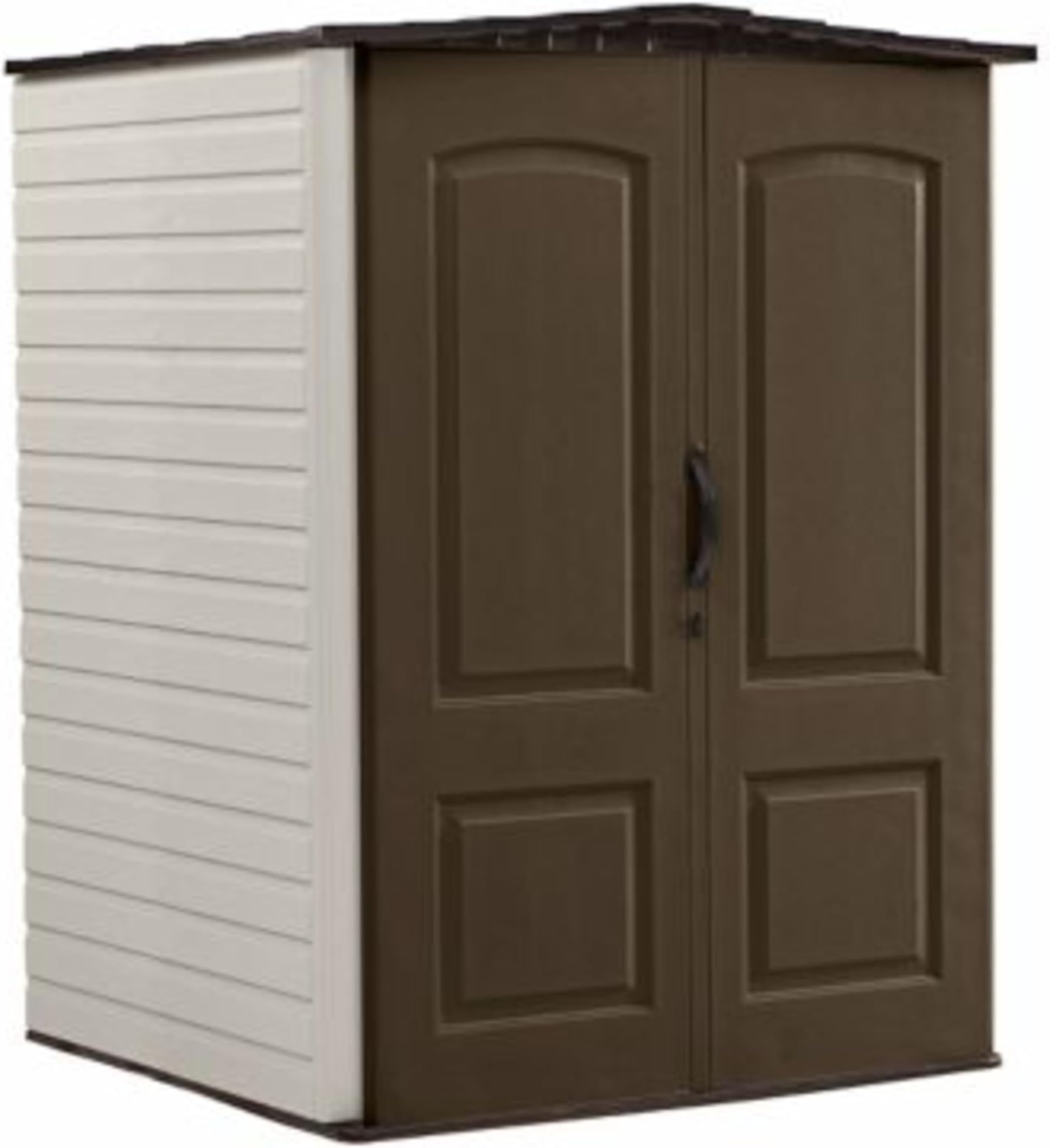 Rubbermaid Medium Vertical Resin Outdoor Storage Shed With Floor (5 x 4 Ft), Weather Resistant, Brown, Organization for Home/Backyard/Pool/Garden/Lawn Tools