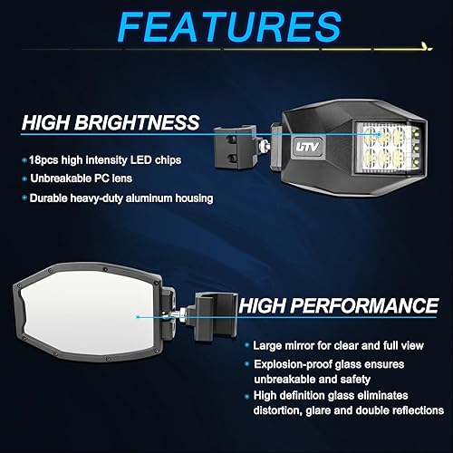 Miniatura 3 de Espejos laterales UTV con luces LED, espejos laterales ACEC SHOP UTV para jaula antivuelco Pro-Fit Espejos retrovisores compatibles con Polaris