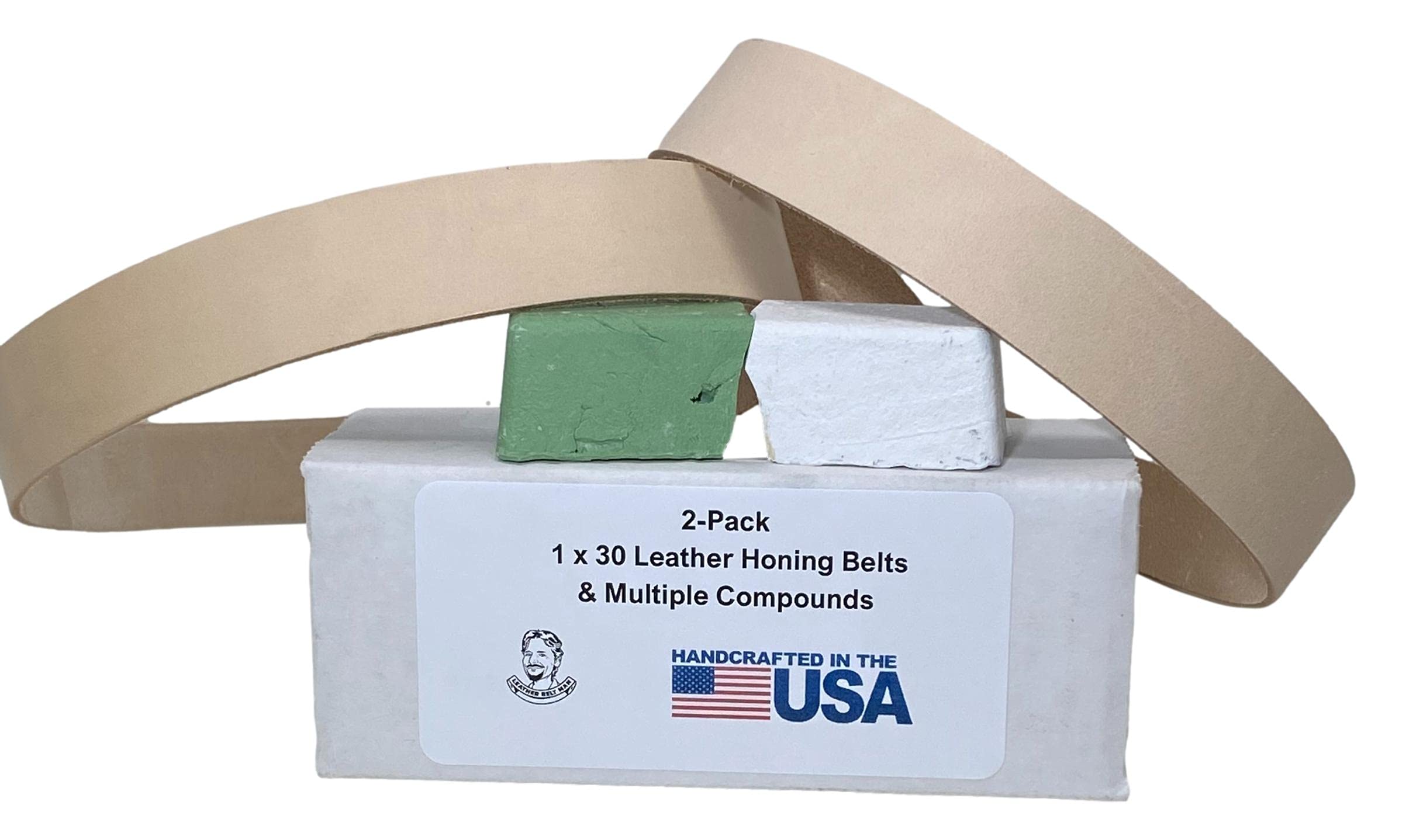 2 Pack of 1" x 30" Leather Honing & Polishing Belts with Green and White Compounds