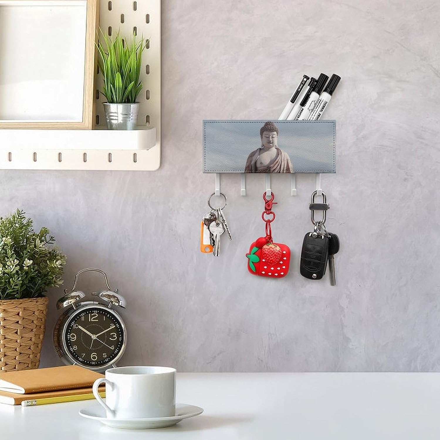 White Buddha Statue Key Holder Wall Mount, Adhesive Key Rail Rack Hanger Holder White with 5 Hooks, No Drill, Keys Chain Organizer for Living Room, Front Door, Hallway, Office