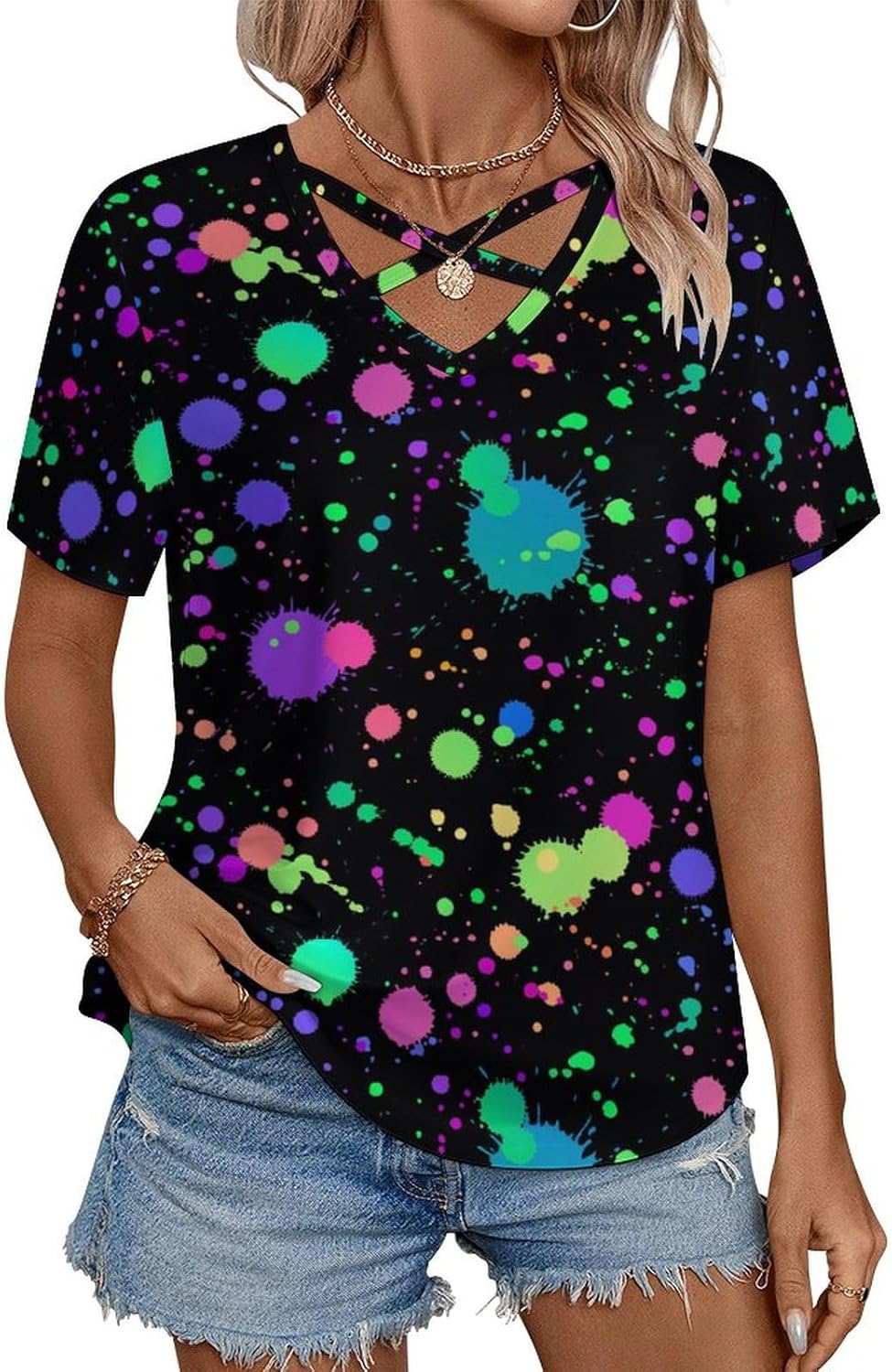 Glow in Dark Splatter Neon Women's Short Sleeve Shirt Tops Loose V-Neck Criss Cross Tees Summer Beach Blouses
