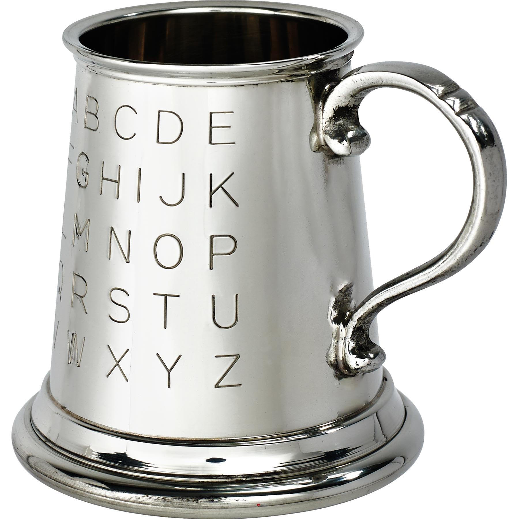 Chope quart de pinte tuteur en étain pour baptême bébé, alphabet et nombres gravés