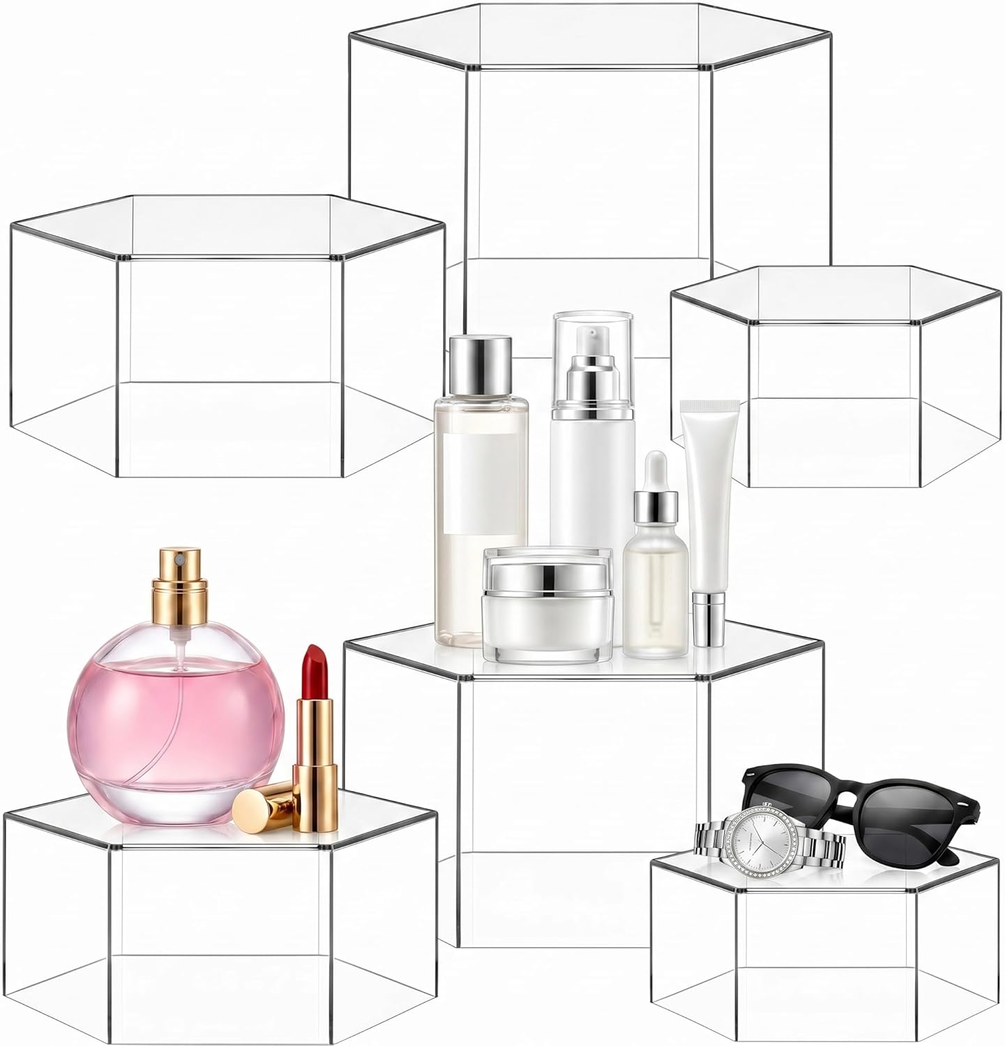 Jerify 6 Pcs Acrylic Risers Display Stands, 5.91'' 5.12'' 3.54'', Clear Round Nesting Pedestal Shelf with Hollow Bottom for Tabletop Jewelry Display, 3 Sized