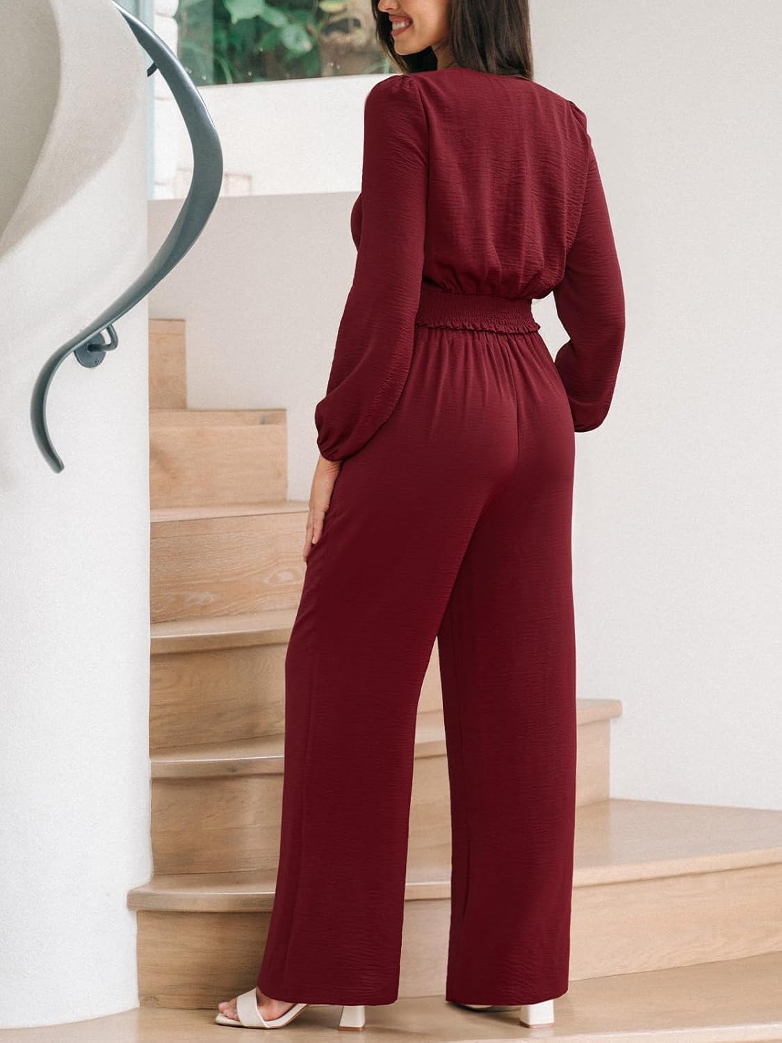 CUPSHE Women’s 2 Piece Pant Set Long Sleeve V Neck Top and Wide Leg Pants Tie Waist Outfit Casual Elegant Two Piece Suit