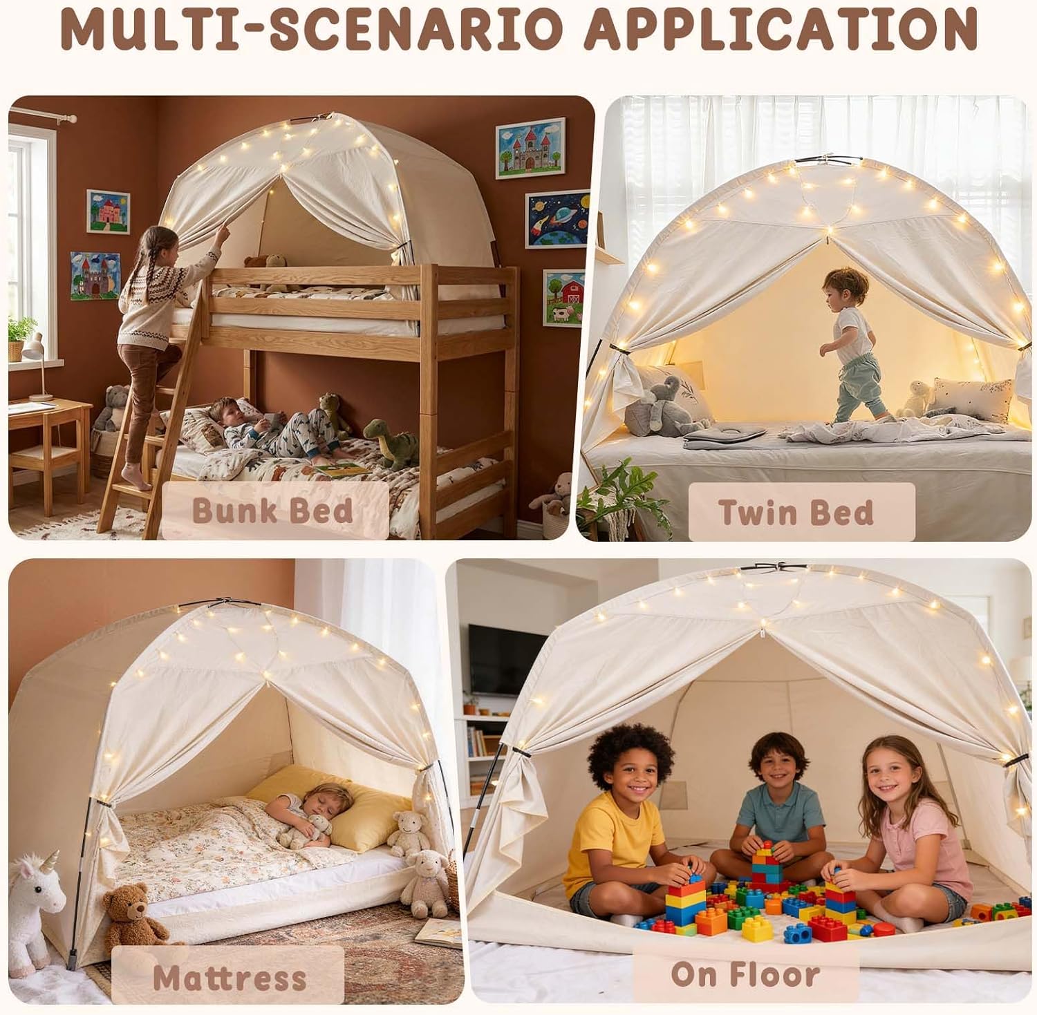 Twin Bed Tent for Kids, Indoor Play Tent with Star Lights, Cozy Privacy Space Birthday Gift for Boys & Girls (Cream)