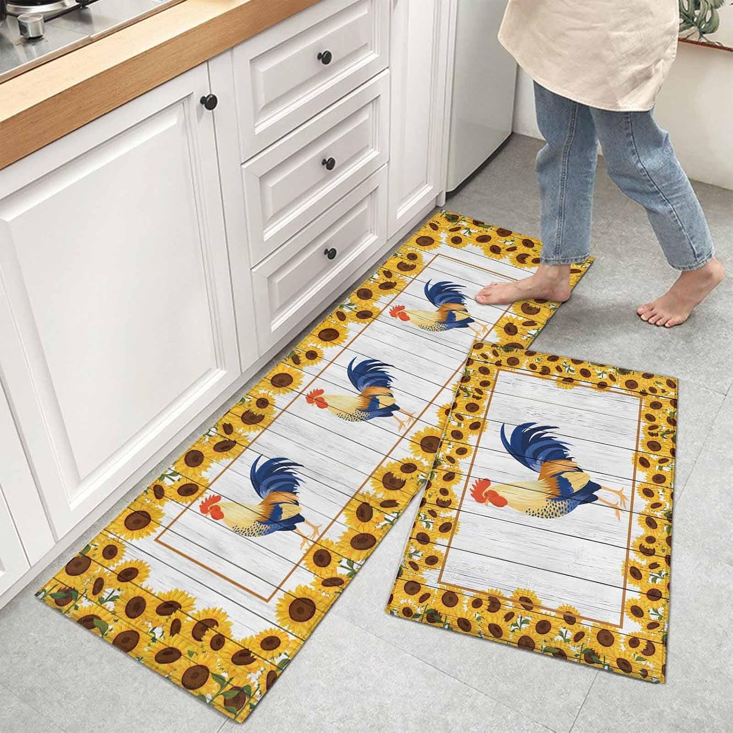 Kitchen Mats for Floor Farmhouse Chicken Sunflower Washable Non Slip Kitchen Rugs 2PCS, Country Animal Flower Wood Plank Absorbent Standing Mats for Sink Office Living Room 15.7x23.6in+15.7x47.2in